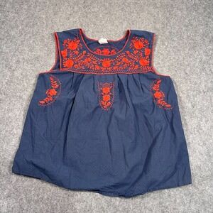 Sister‎ Mary Navy Blue Polka Dot Red Floral Embroidered Top Women's Size Large